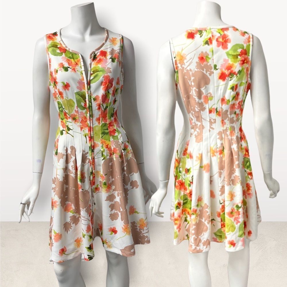 Betsey Johnson Floral Falling Leaf Zip Front Dress 50’s Fit n Flare Bones Sz 6